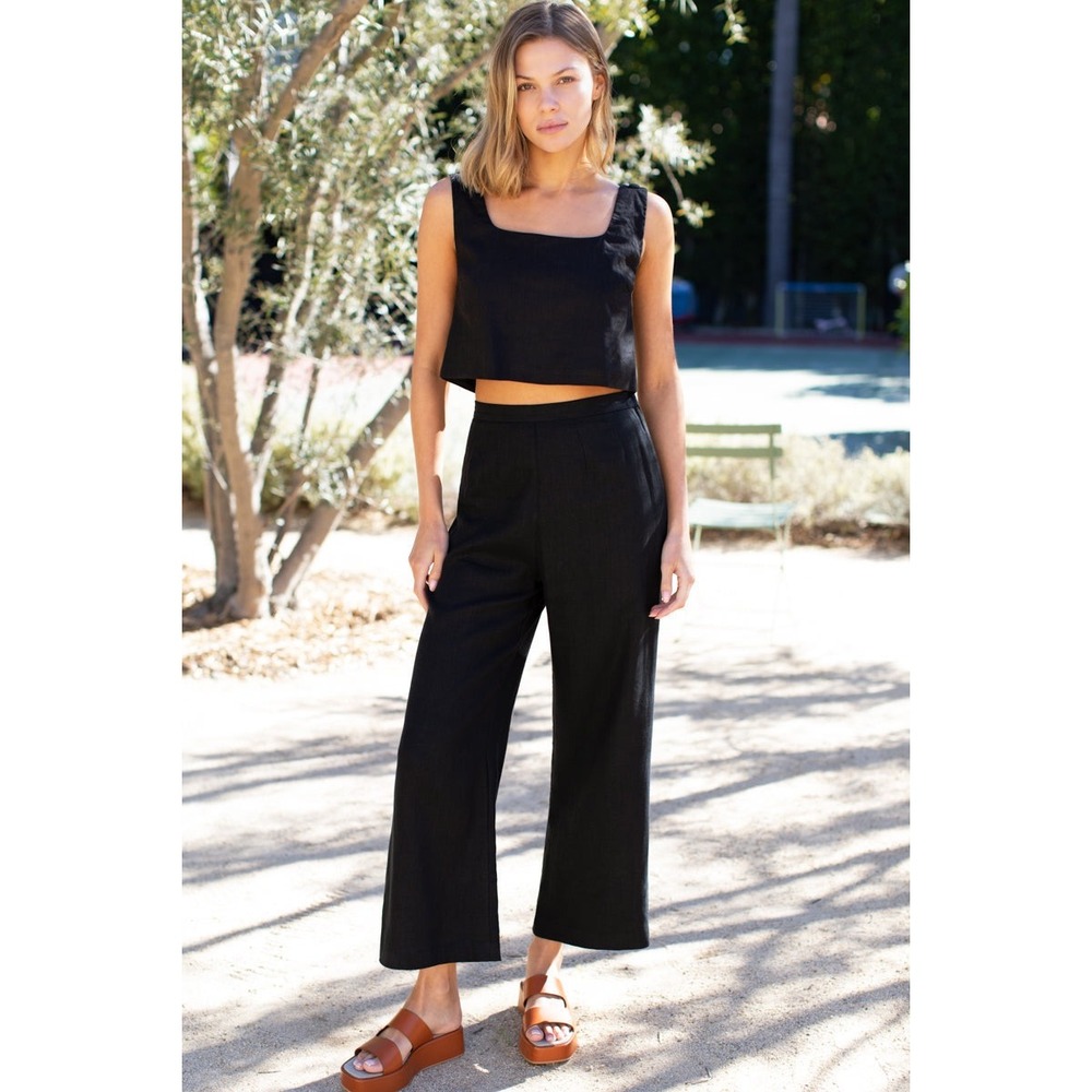 Free The Label Crop Top Women Large Black Linen Square Neck Tank